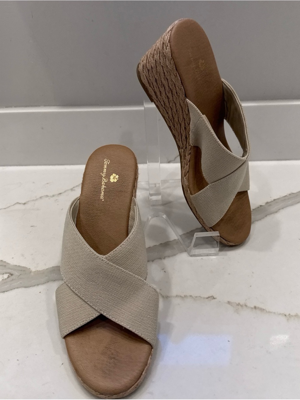 Tommy Bahama Suzette Wedge Beige Criss cross Elasticized Band US 9.5